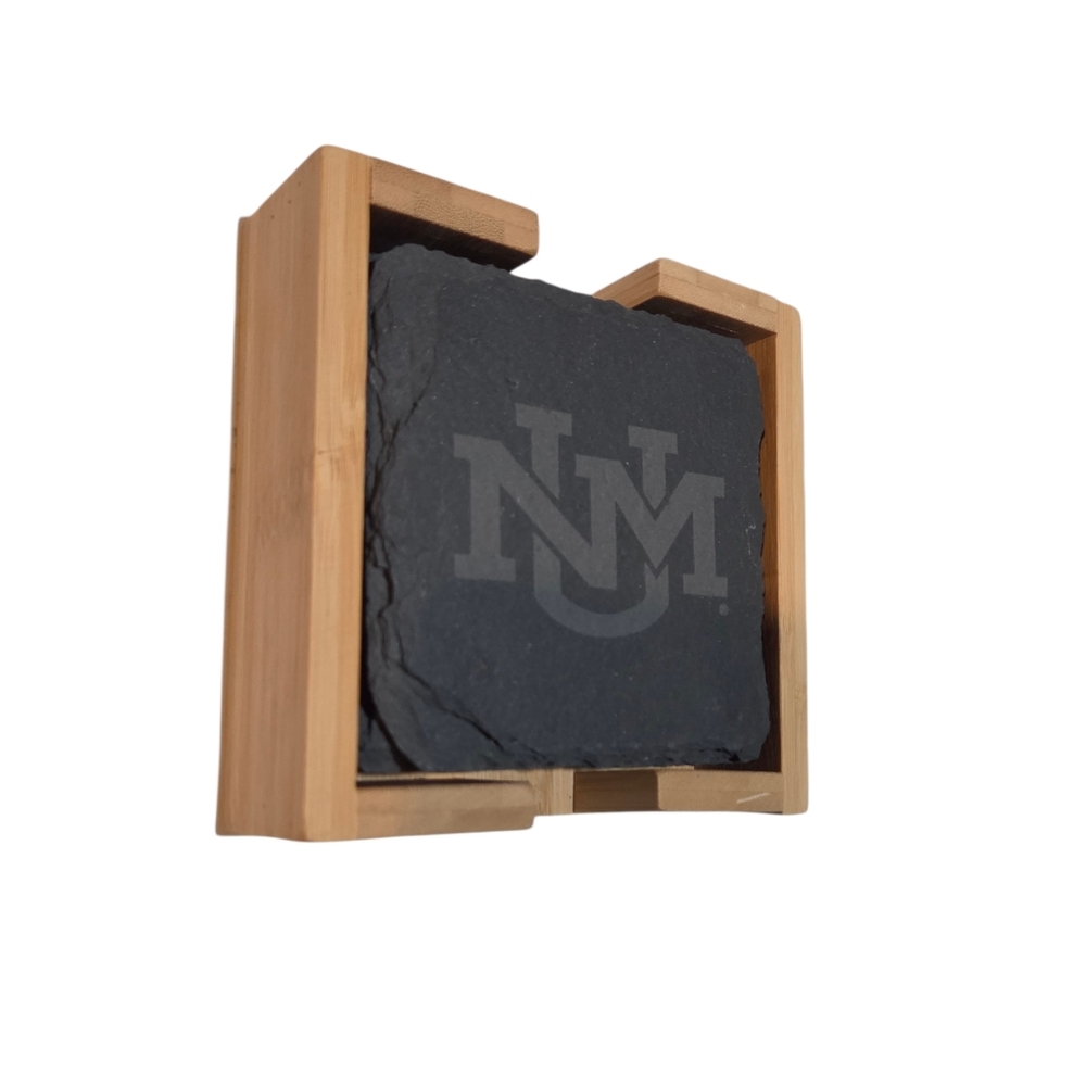 NMU - Set of 4 Northern Michigan      Slate Coaster Set with Bamboo Holder NWOT - Picture 4 of 5